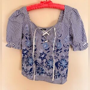 Venus Blue & White Lace Up Peasant Blouse Top Size 6
